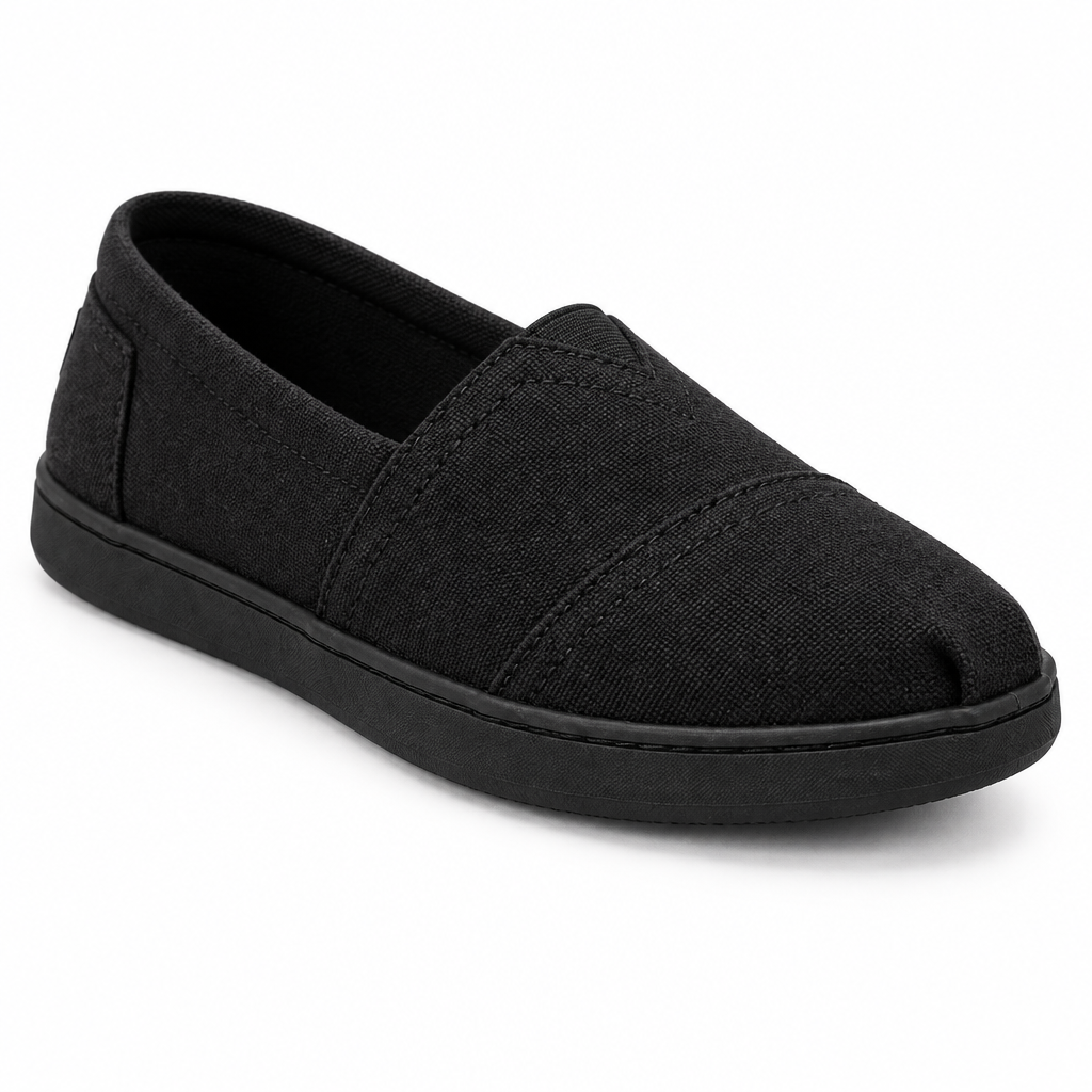 All-black canvas slip-on shoe front angle view